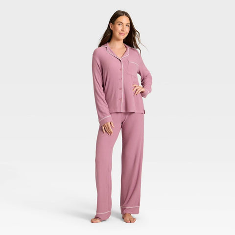 Cozy Ribbed Notch Collar Long Sleeve Shirt and Pants Pajama Set- Pink