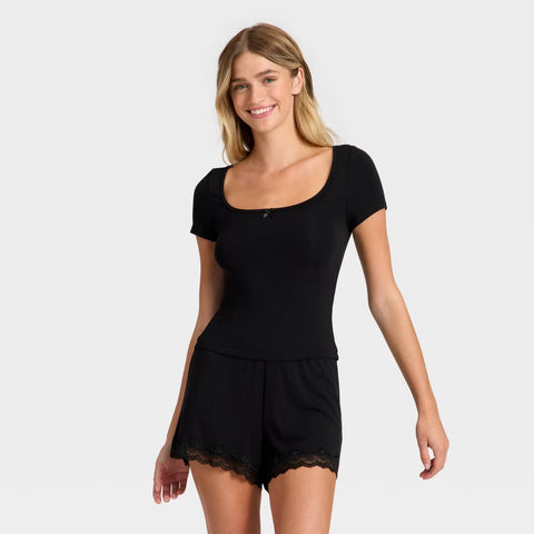 Women's Ribbed Short Sleeve Shirt and Shorts Pajama Set - Black