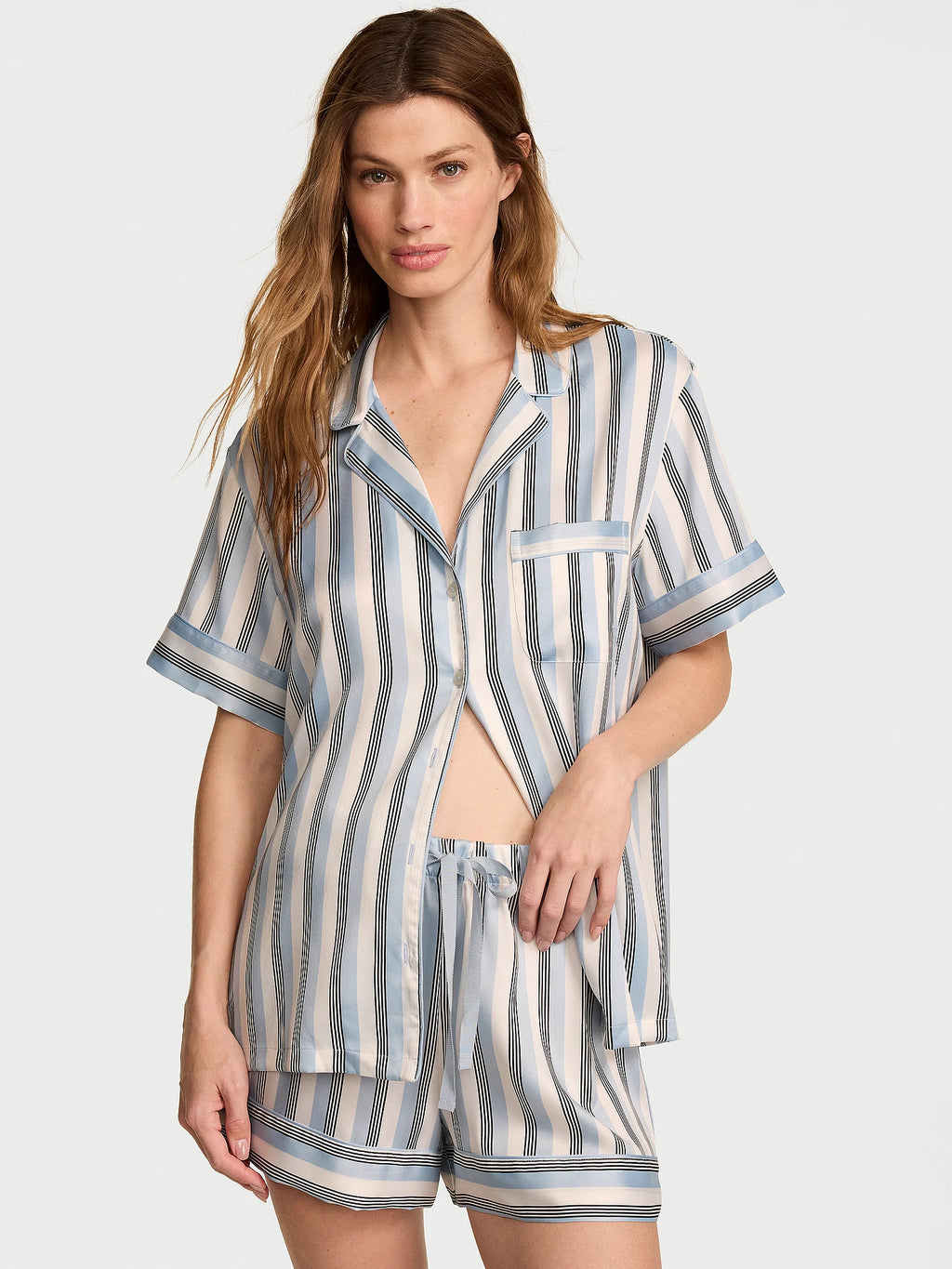 Signature Satin Short Pajama Set - Rayas en azul cielo