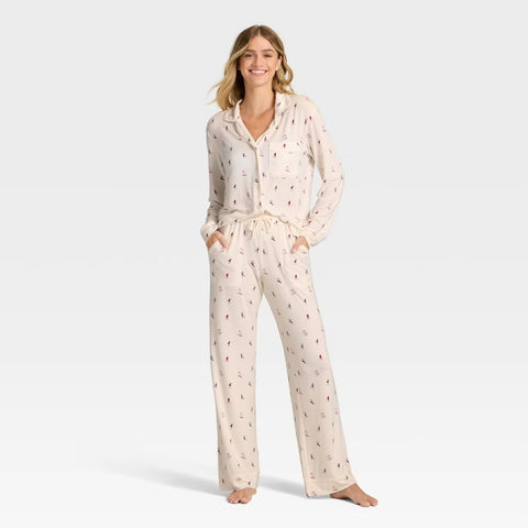 Women's Cloud Knit Modal Long Sleeve Notch Collar Top and Pants Pajama Set - Cream Skiers