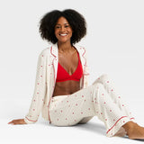 Women's Cloud Knit Modal Long Sleeve Notch Collar Top and Pants Pajama Set - Cream Hearts