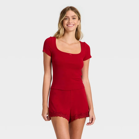 Women's Ribbed Short Sleeve Shirt and Shorts Pajama Set - Red
