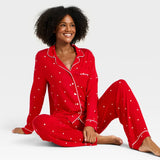 Women's Cloud Knit Modal Long Sleeve Notch Collar Top and Pants Pajama Set - Red Hearts