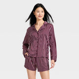 Women's Luxury Collection Satin Notch Collar Long Sleeve Shirt and Shorts Pajama Set - Mulberry Striped