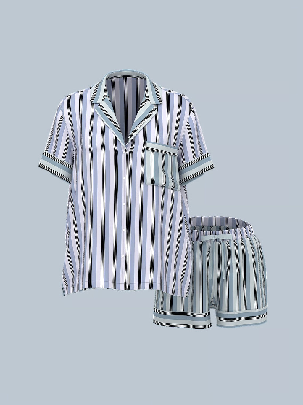 Signature Satin Short Pajama Set - Rayas en azul cielo