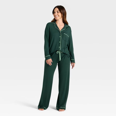 Women's Cloud Knit Modal Long Sleeve Notch Collar Top and Pants Pajama Set - Green