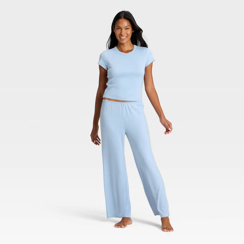 Women's Pointelle Short Sleeve Shirt and Pants Pajama Set - Blue