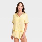 Women's Luxury Collection Satin Notch Collar Top and Lace Trim Shorts Pajama Set - Yellow