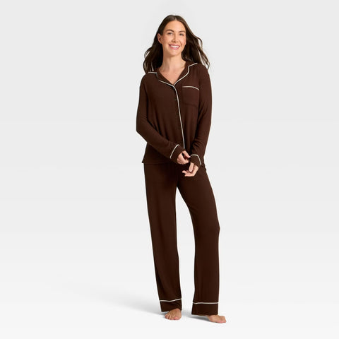 Cozy Ribbed Notch Collar Long Sleeve Shirt and Pants Pajama Set- Brown