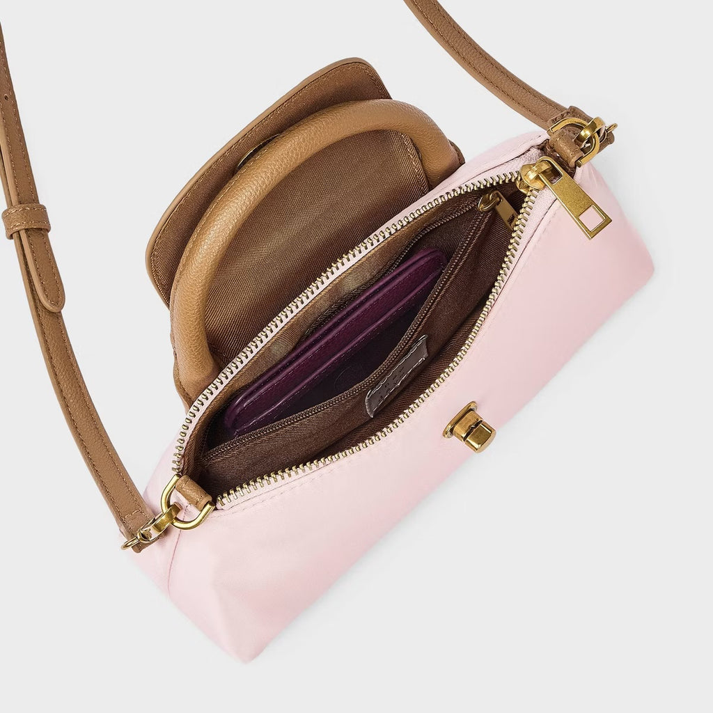 Elongated Nylon Top Handle Crossbody Bag