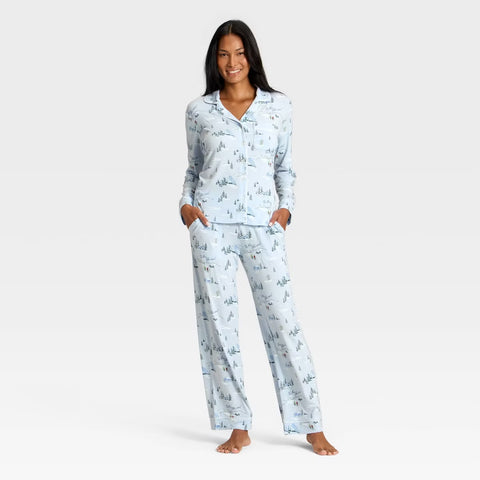 Women's Cloud Knit Modal Long Sleeve Notch Collar Top and Pants Pajama Set -Blue 'Tis the Skison