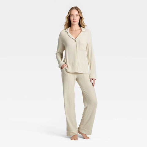 Cozy Ribbed Notch Collar Long Sleeve Shirt and Pants Pajama Set- Oatmeal