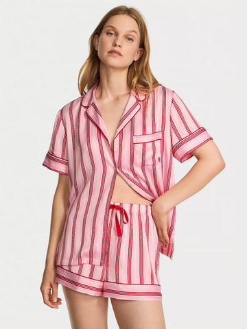 Glazed Satin Short Pajama Set - Pink & Red