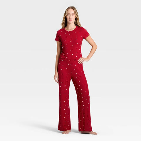 Women's Pointelle Short Sleeve Shirt and Pants Pajama Set - Red
