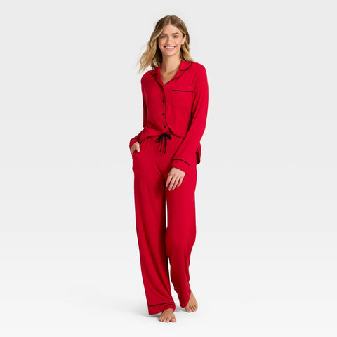 Women's Cloud Knit Modal Long Sleeve Notch Collar Top and Pants Pajama Set - Red