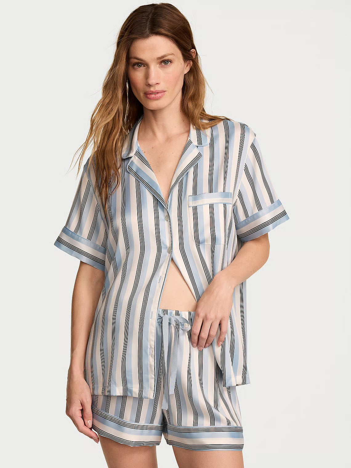 Signature Satin Short Pajama Set - Rayas en azul cielo