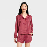 Women's Luxury Collection Satin Notch Collar Long Sleeve Shirt and Shorts Pajama Set - Red Striped