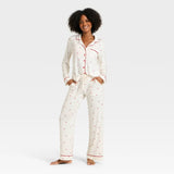 Women's Cloud Knit Modal Long Sleeve Notch Collar Top and Pants Pajama Set - Cream Hearts