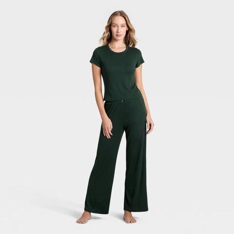 Women's Pointelle Short Sleeve Shirt and Pants Pajama Set - Green