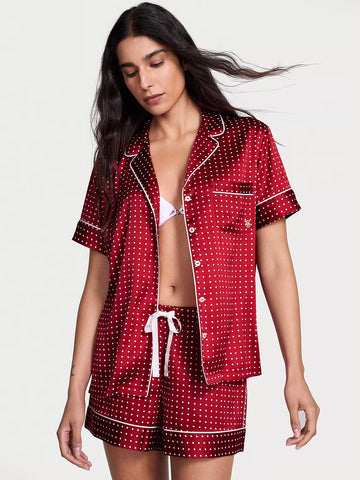 Glazed Satin Short Pajama Set - Red Polka Dot