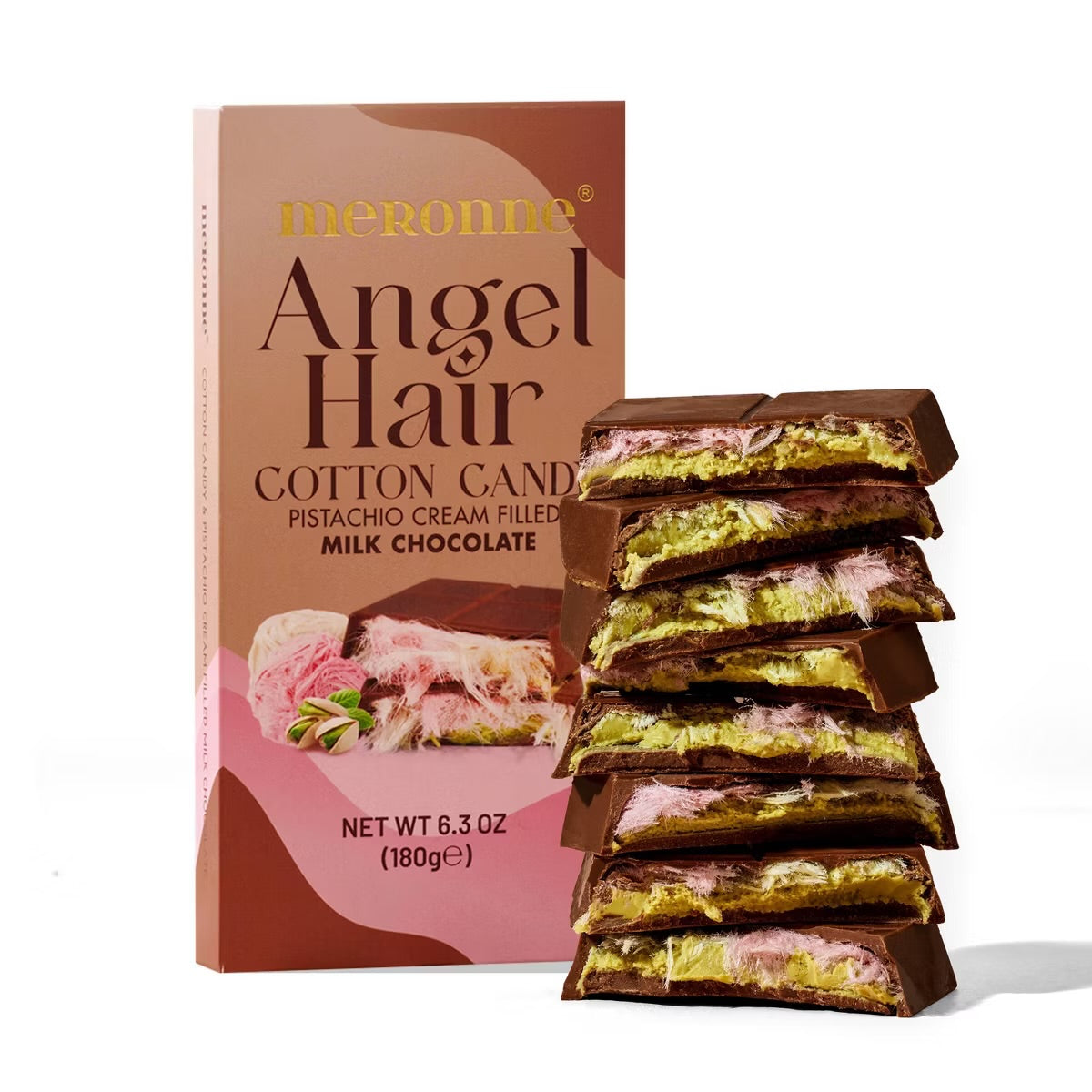 Meronne Dubai Milk Chocolate Filled with Pistachio Cream & Cotton Candy - 6.3oz