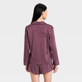 Women's Luxury Collection Satin Notch Collar Long Sleeve Shirt and Shorts Pajama Set - Mulberry Striped