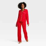 Women's Cloud Knit Modal Long Sleeve Notch Collar Top and Pants Pajama Set - Red Hearts