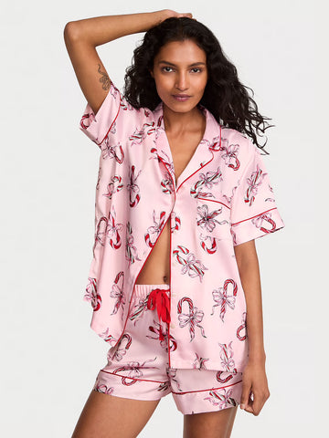 Glazed Satin Short Pajama Set - Bows