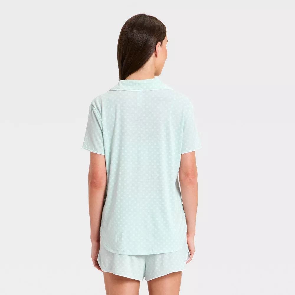Women's Short Sleeve Notch Collar Shirt and Shorts Pajama Set - Mint