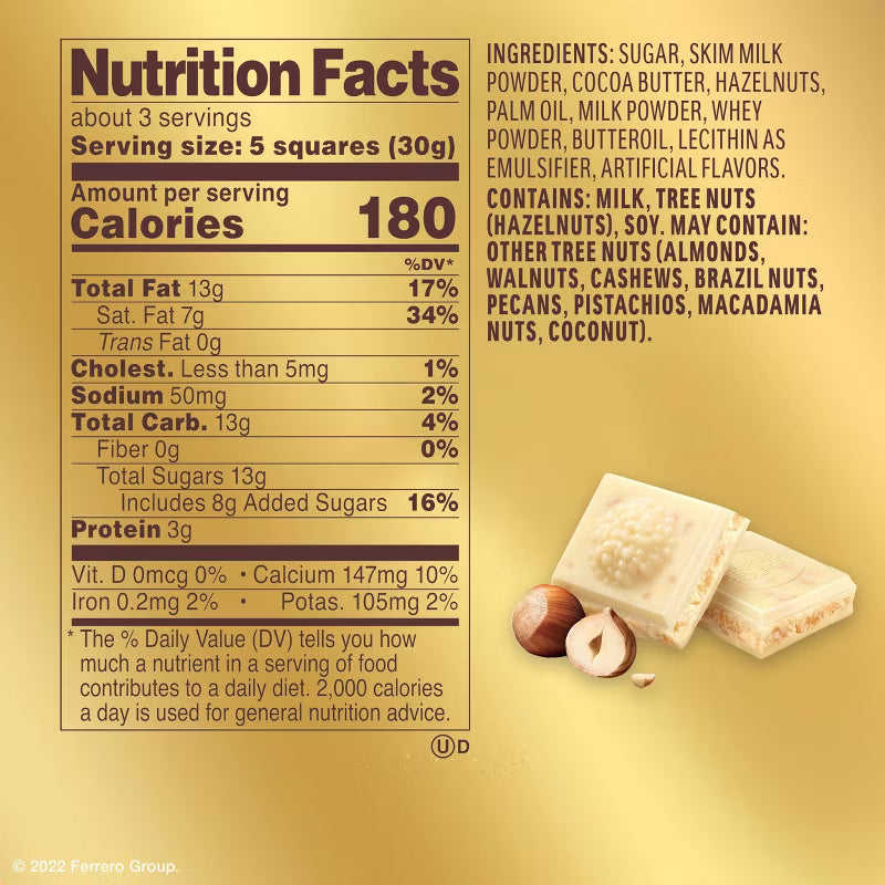 Ferrero Rocher White Chocolate Hazelnut Candy Bar - 3.1oz
