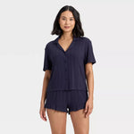 Pointelle Notch Collar Shirt and Shorts Pajama Set