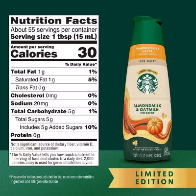 Starbucks Pumpkin Spice Non-Dairy Almondmilk & Oatmilk Coffee Creamer - 28 fl oz