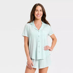 Women's Short Sleeve Notch Collar Shirt and Shorts Pajama Set - Mint