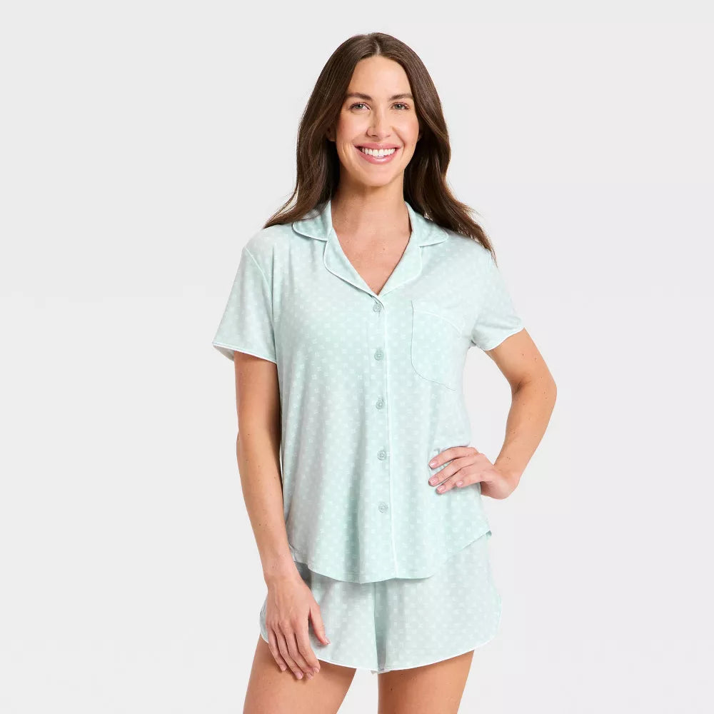 Women's Short Sleeve Notch Collar Shirt and Shorts Pajama Set - Mint
