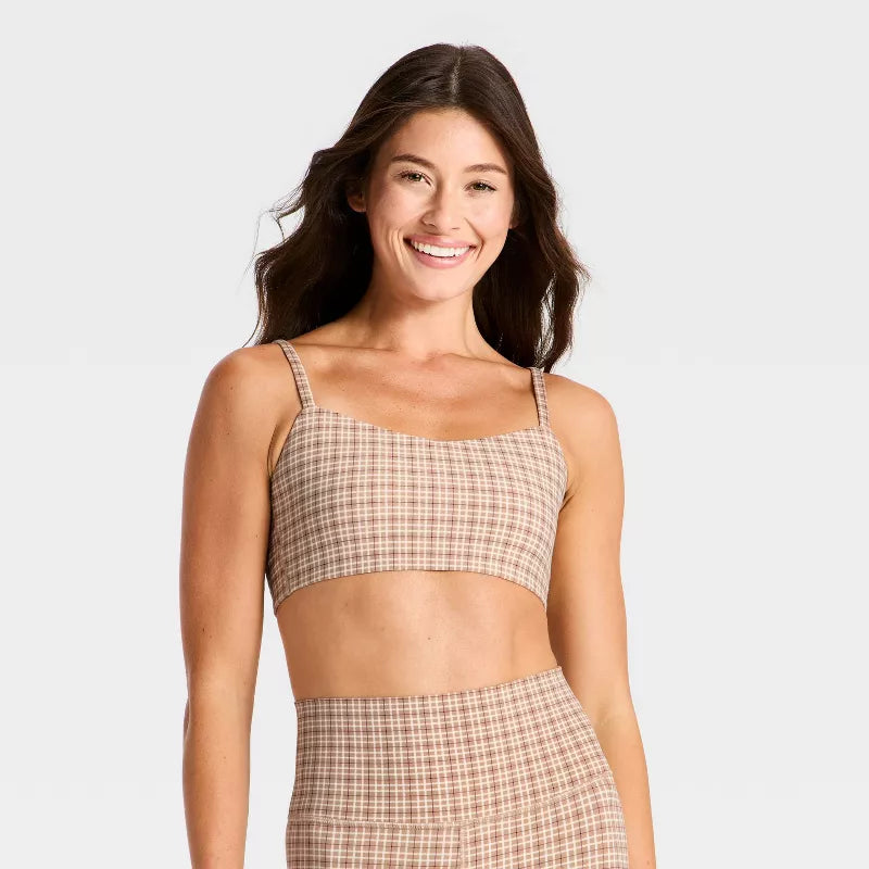 Women's Everyday Soft Light Support Strappy Sports Bra - Tan Plaid