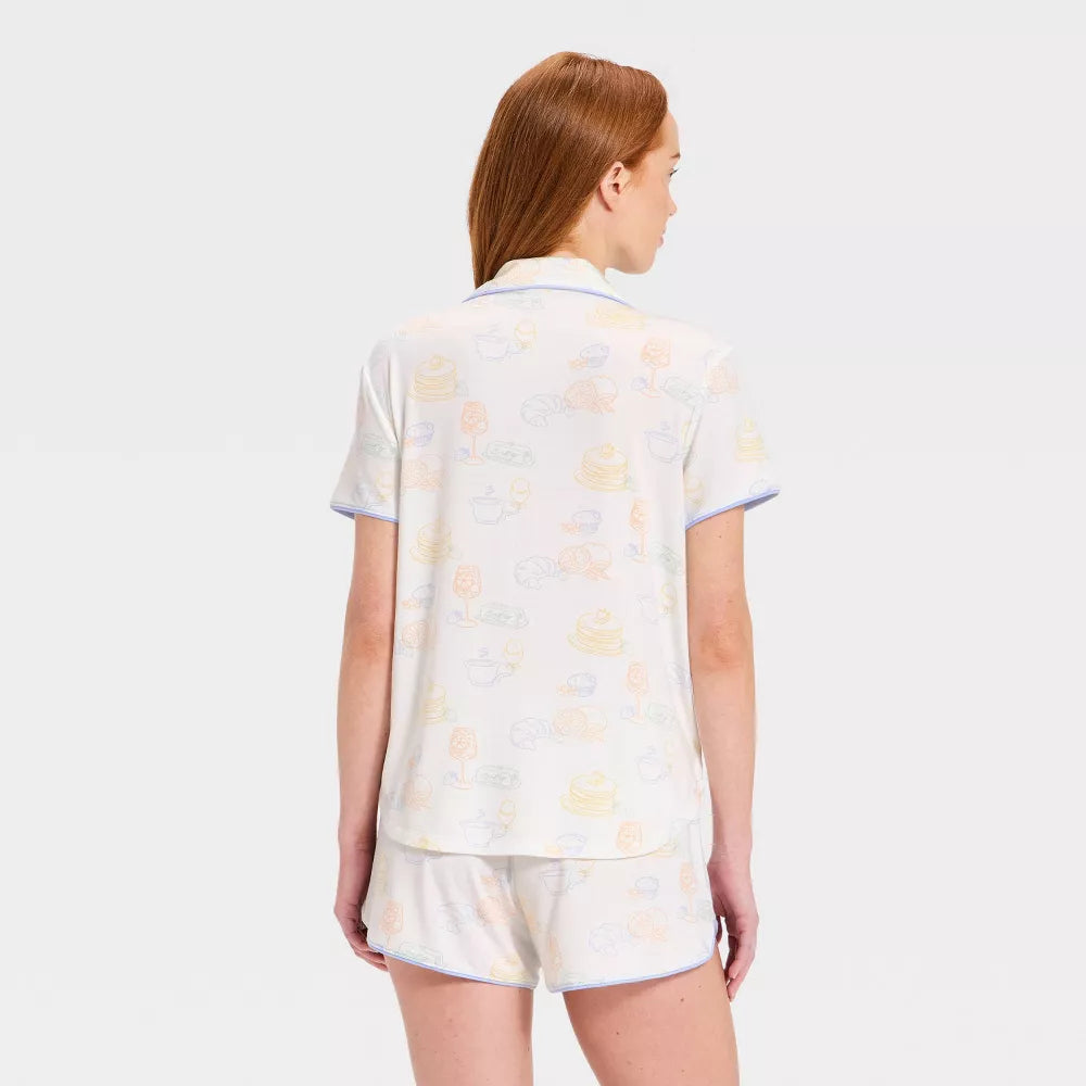 Women's Short Sleeve Notch Collar Shirt and Shorts Pajama Set - Cream