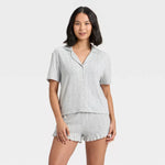 Pointelle Notch Collar Shirt and Shorts Pajama Set