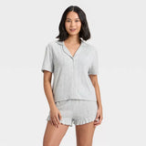 Pointelle Notch Collar Shirt and Shorts Pajama Set