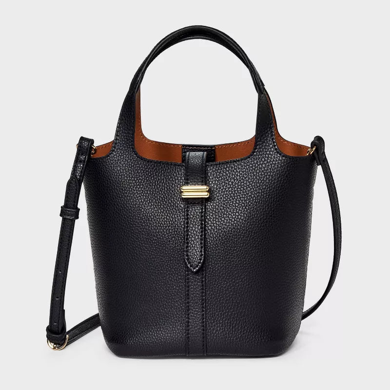 Mini Tulip Tote Handbag with Crossbody Strap - Black