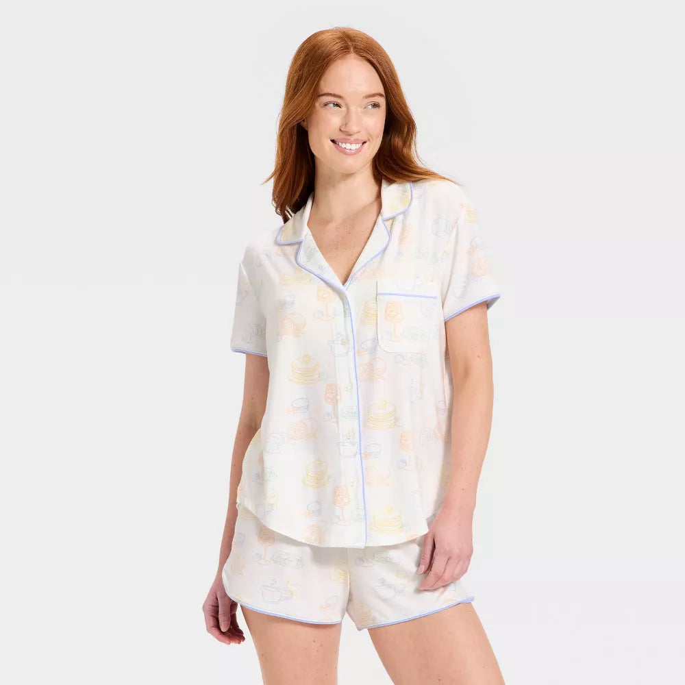 Women's Short Sleeve Notch Collar Shirt and Shorts Pajama Set - Cream