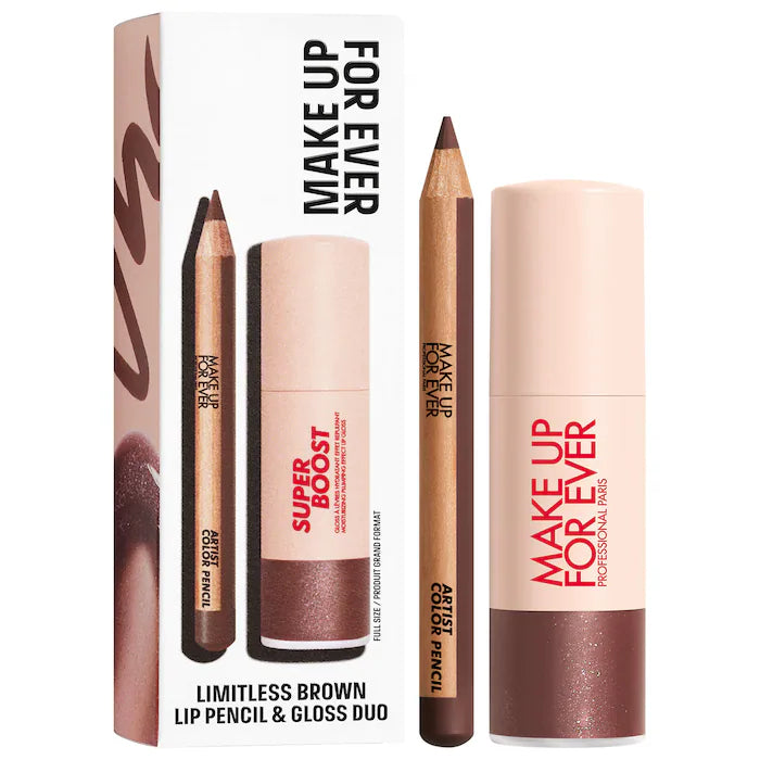 Mini Artist Color Pencil Lip Liner & Full Size Super Boost Lip Gloss Kit - Limitless Brown